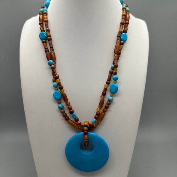 3/$30 Stone Pendant Necklace Blue Brown Beaded Natural Earthy Boho 20 in - Picture 3 of 13